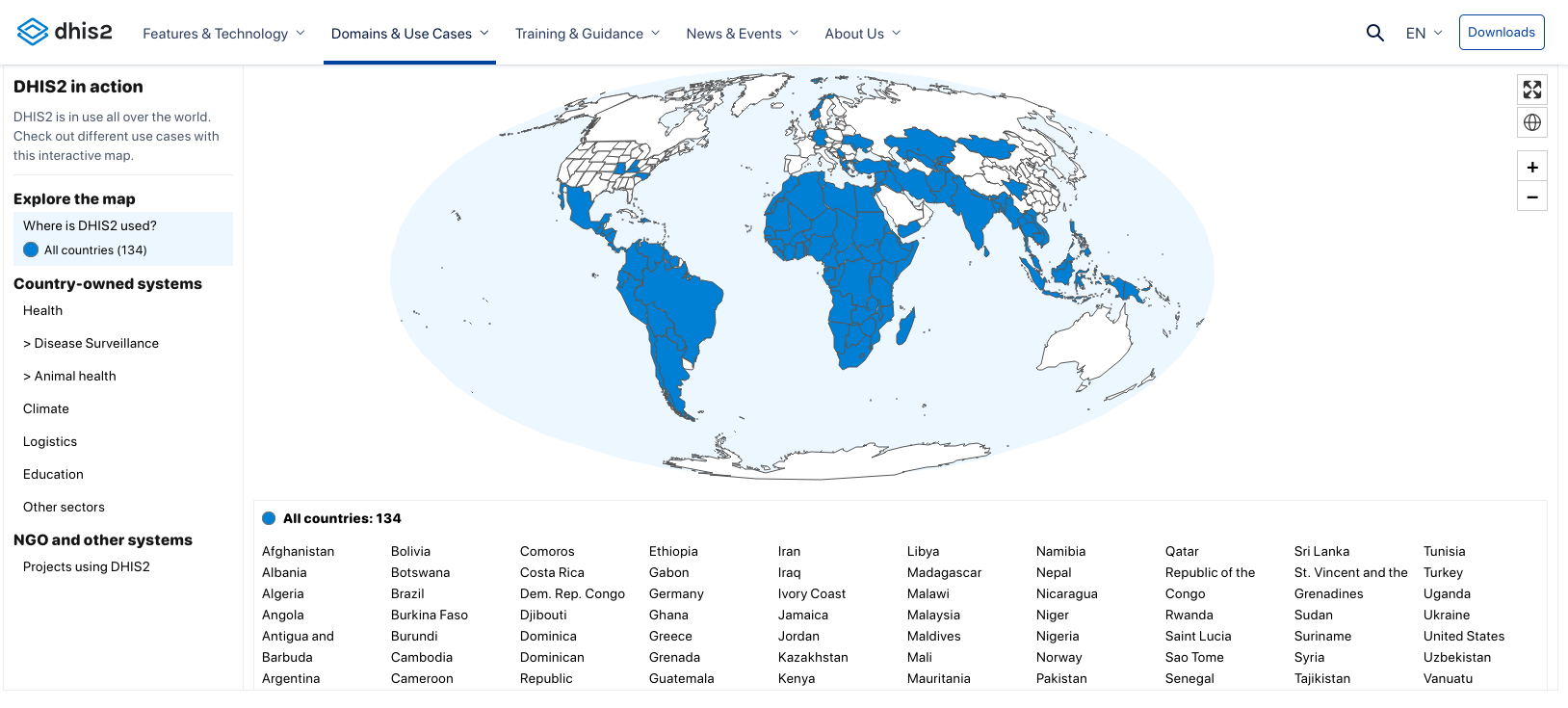 DHIS2 Global Map of Implementations – countries using DHIS2 worldwide